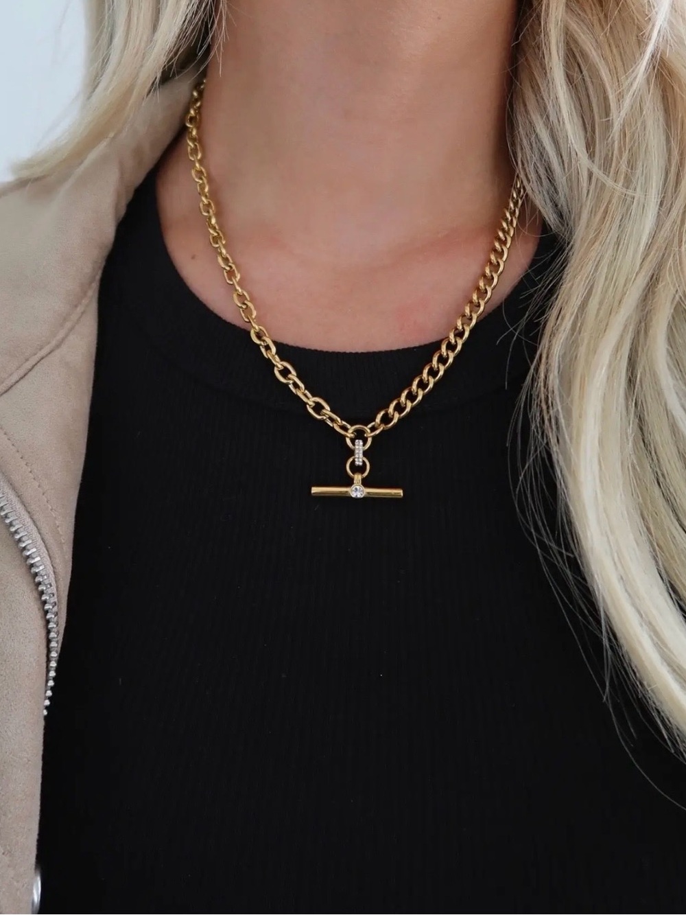 Gold 18K Stainless Steel T Bar Necklace  Cuban Chain T-Bar Pendant Waterproof